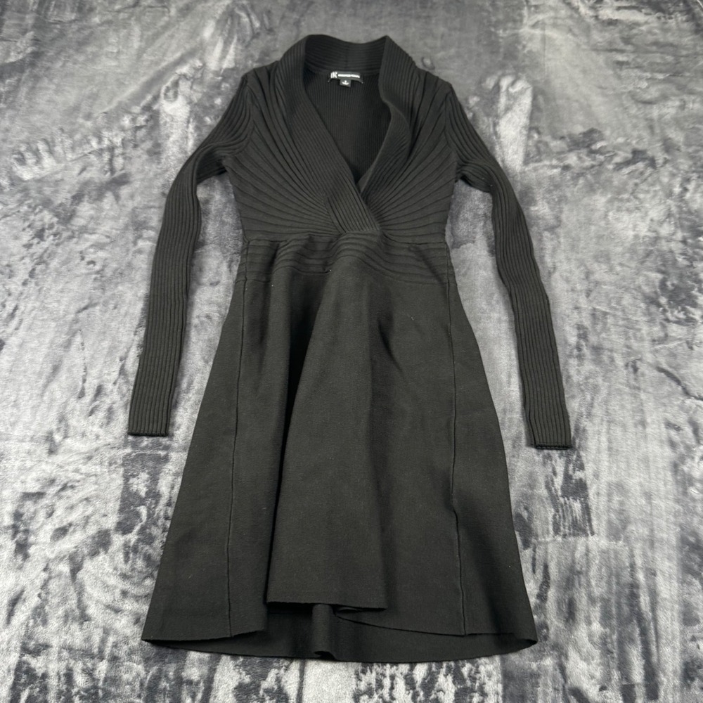 INC International Concepts Sweater Dress Women Size S Black Ribbed Wrap V-Neck